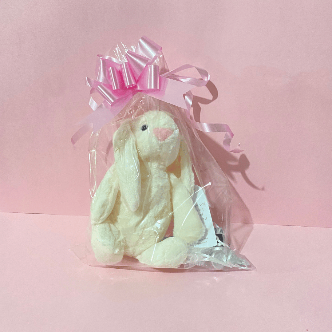 Peluche Conejito Cream Regala Empaquetado con moño rosa