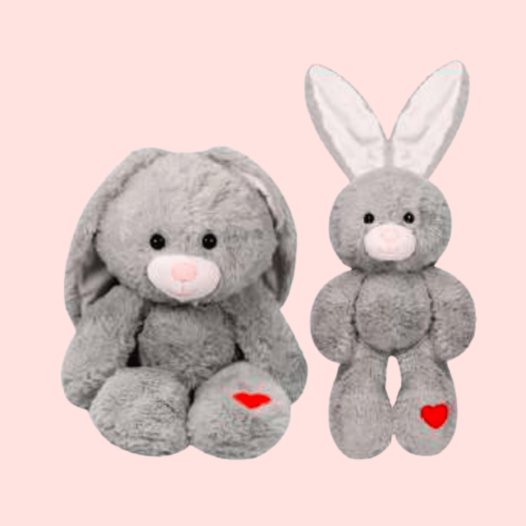 Peluche Conejo Gris Orejas blancas y Corazon Rojo Regala Sentado y Acostado