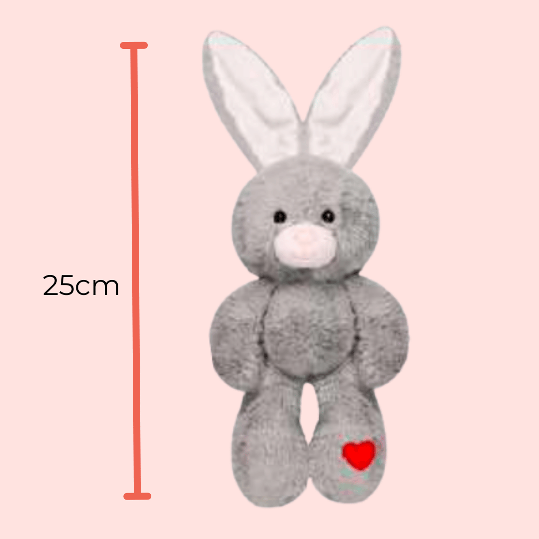 Peluche Conejo Gris Orejas blancas y Corazon Rojo Regala Vista Acostado frente 25cm