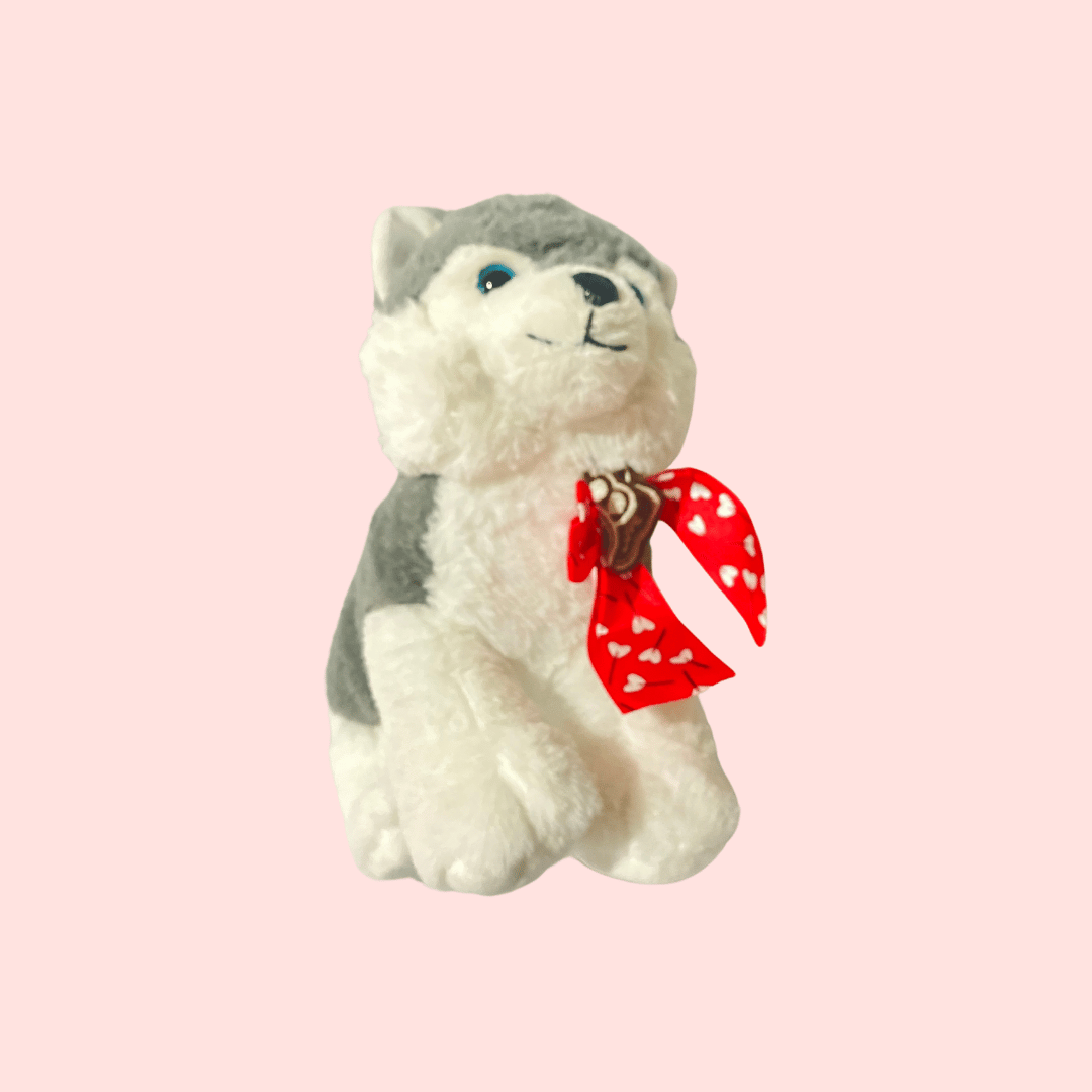 Peluche Perrito Husky Pañuelo Rojo 28cm Regala En Dos Patitas Fondo Rosa Regala