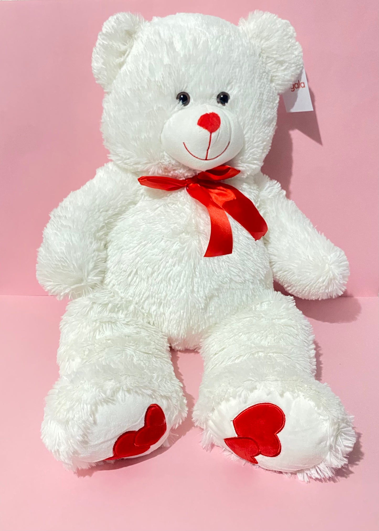 Peluche Oso de San Valentin Blanco  Grande con corazones y liston rojo Regala Fondo Rosa